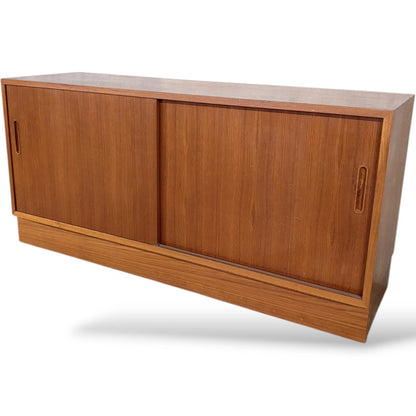 Danish Teak Sideboard – Mid Century Low Cabinet with Sliding Door Storage