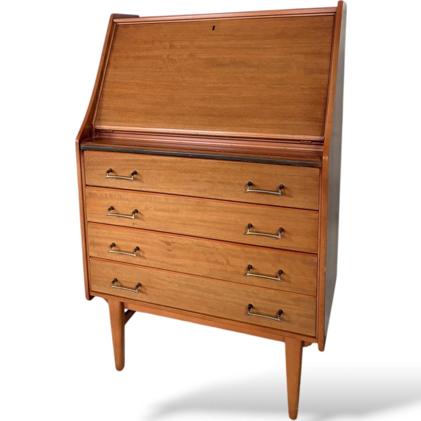 Mid Century Teak Bureau – Vintage Writing Desk With Fall Front Bureau & Drawers — view 6