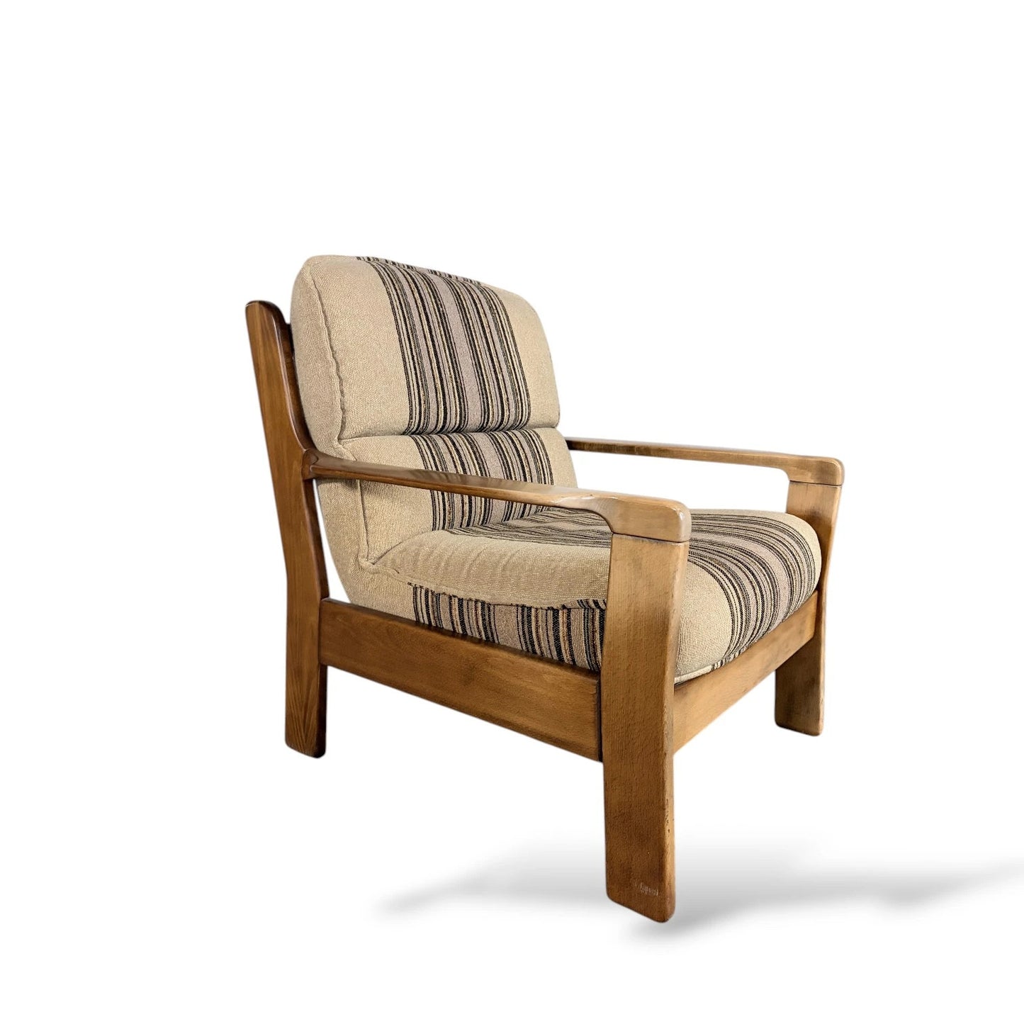 Danish Mid-Century Armchair | Solid Wood Frame & Striped Fabric Upholstery