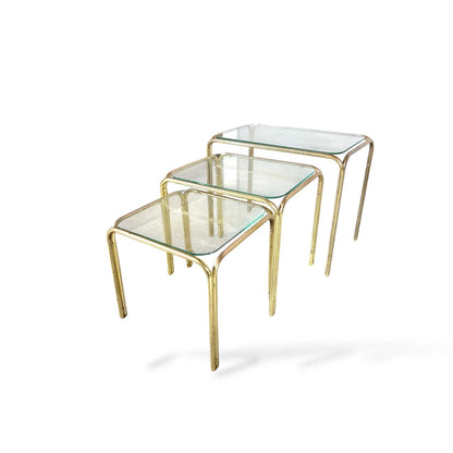 Vintage Brass and Glass Nest of Tables – 1970s Hollywood Regency Style
