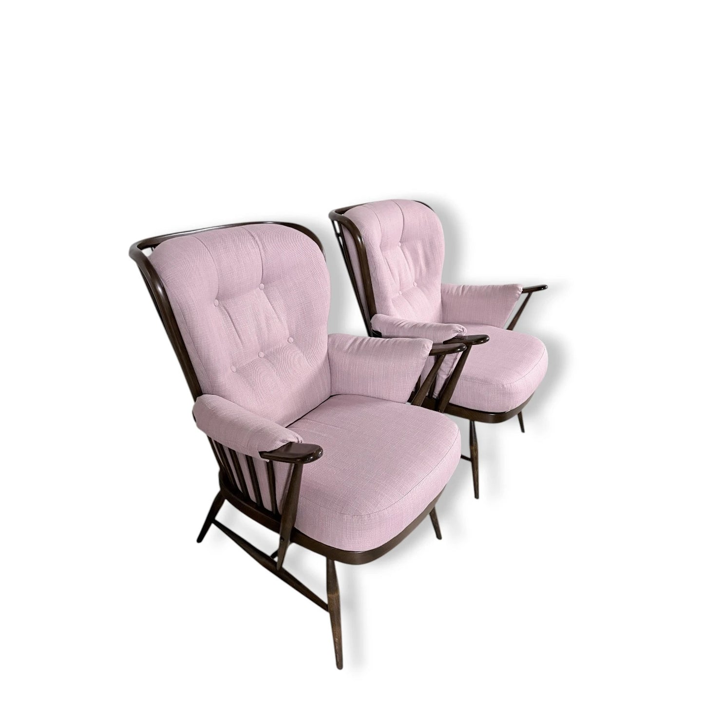 Ercol Everest Armchairs – Mid-Century Dark Beech Chairs with Dusty Pink Upholstery — view 6