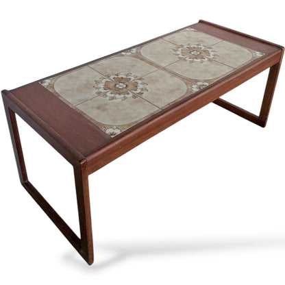 Mid-Century Coffee Table - Tile Top Table with Floral Ceramic Inset & Wooden Frame