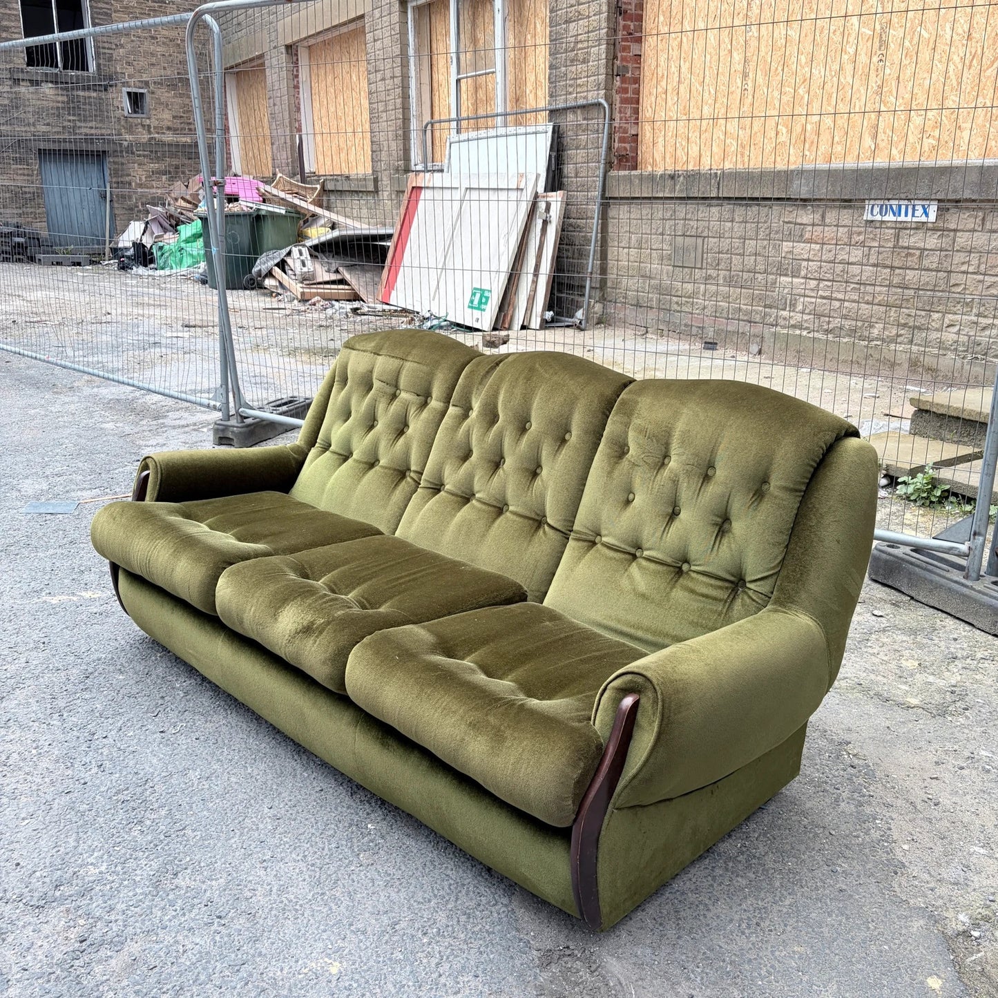 Mid Century Green Velvet and Wood Three Seater Sofa