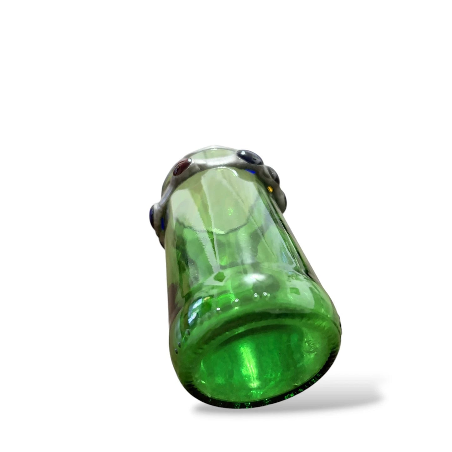 Vintage Green Glass Vase with Pewter Rim | Coloured Jewel Cabochons