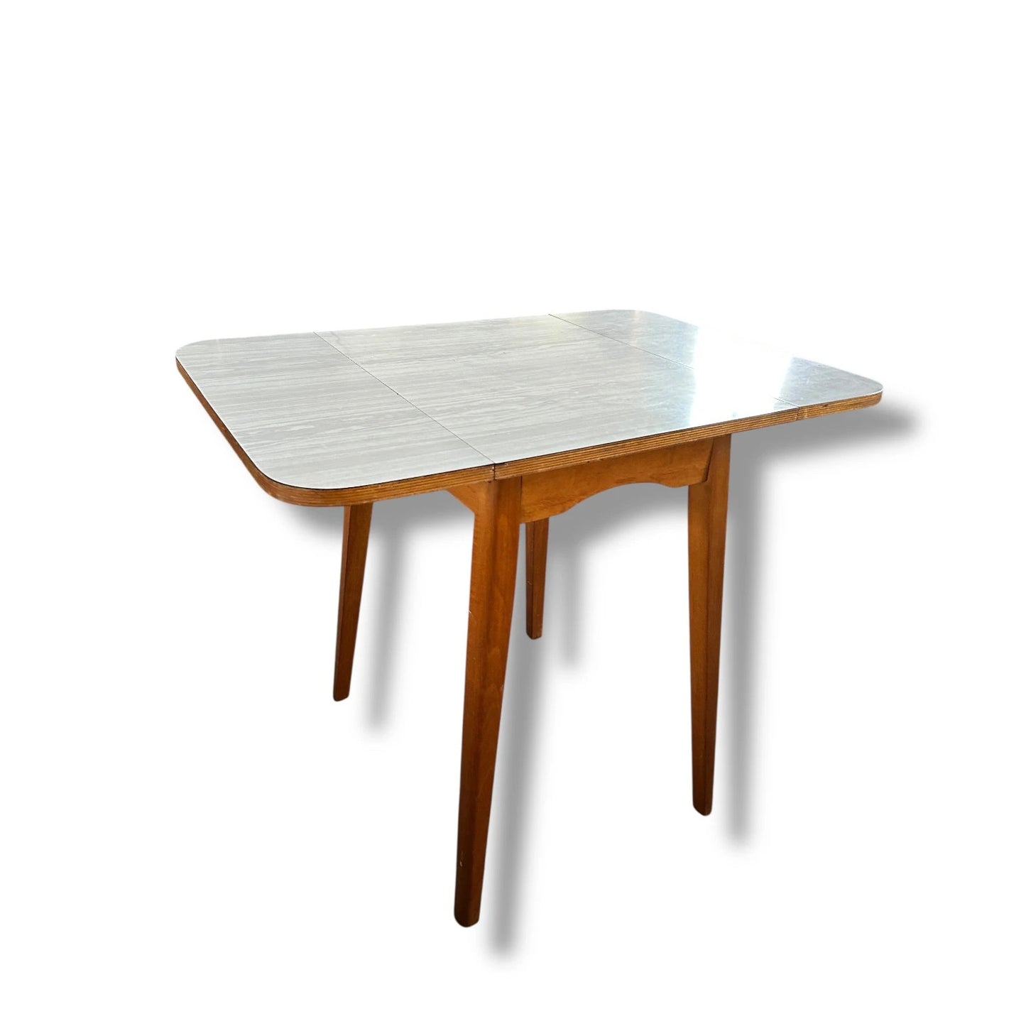Vintage White Formica Drop Leaf Table with Blue Vinyl Chrome Chairs – Retro Kitchen Dining Set