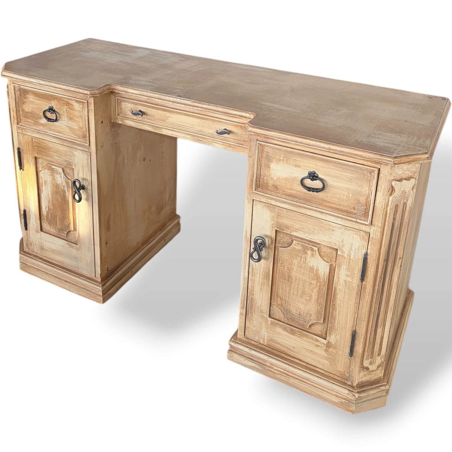 Vintage Pine Writing Desk – Rustic Farmhouse Pedestal Desk with Cupboards & Storage Drawers