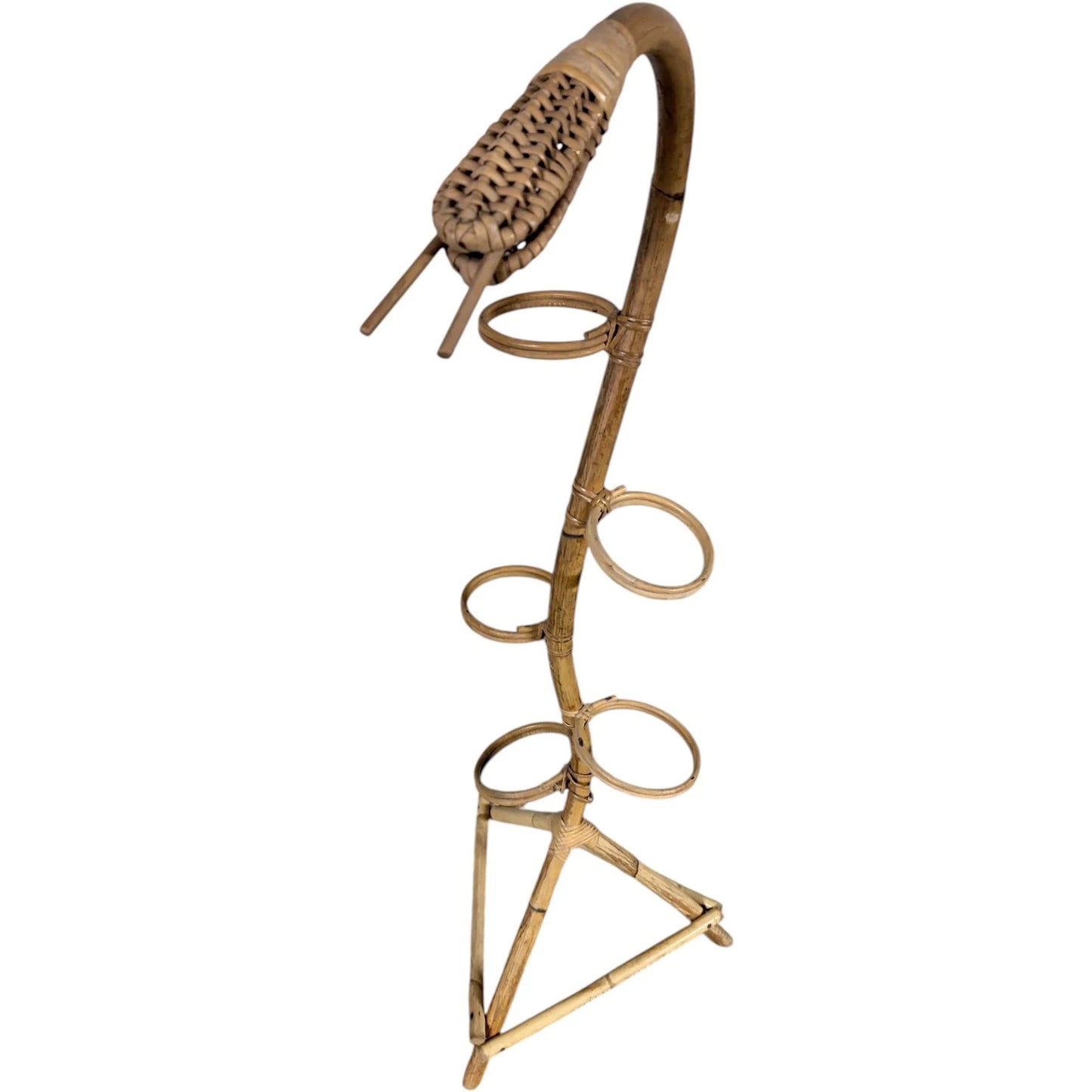 Bamboo Plant Stand – Sculptural Snake Shaped Vintage Rack With Rattan Holder