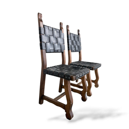 Pair of Vintage Navarro Argudo Spanish Brutalist Chairs – Wood and Woven Leather