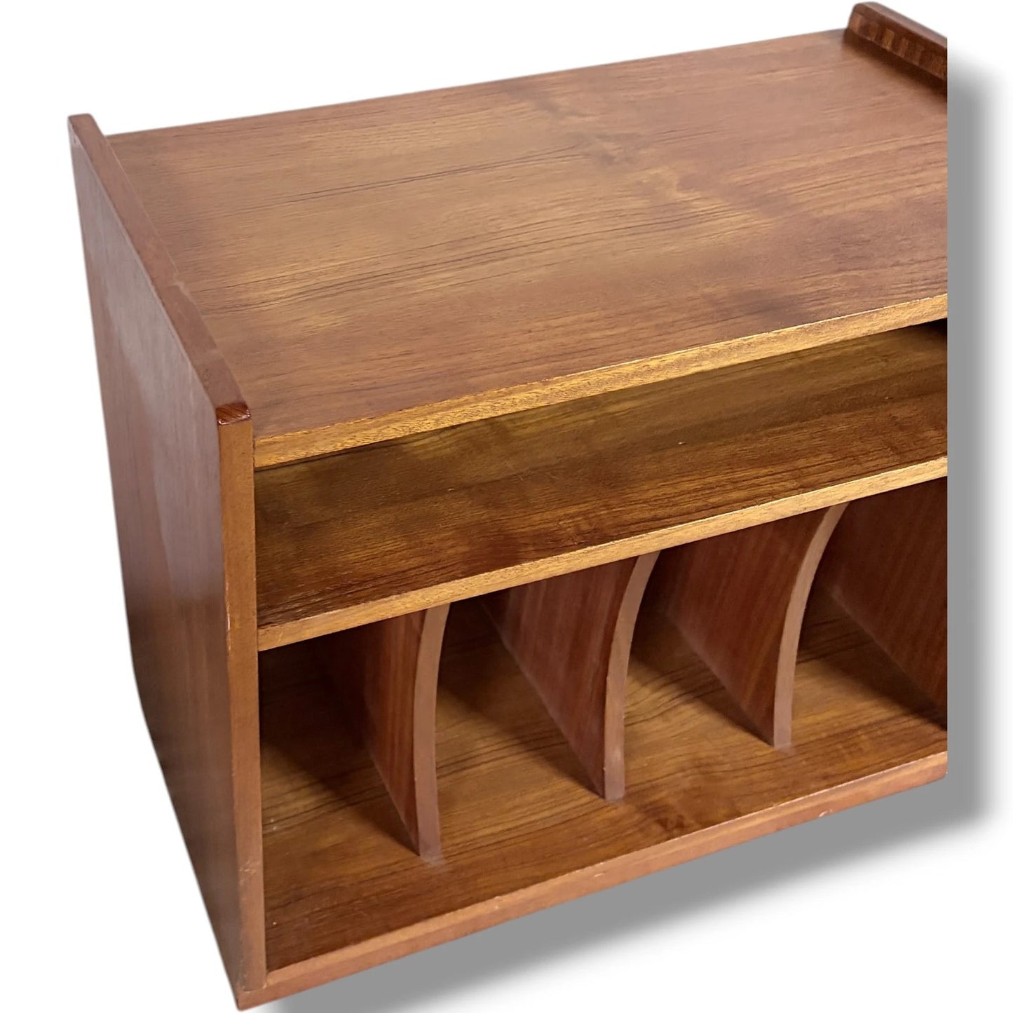 Teak Vinyl Storage Cabinet – Mid Century Media Cabinet with Dividers & Open Shelf