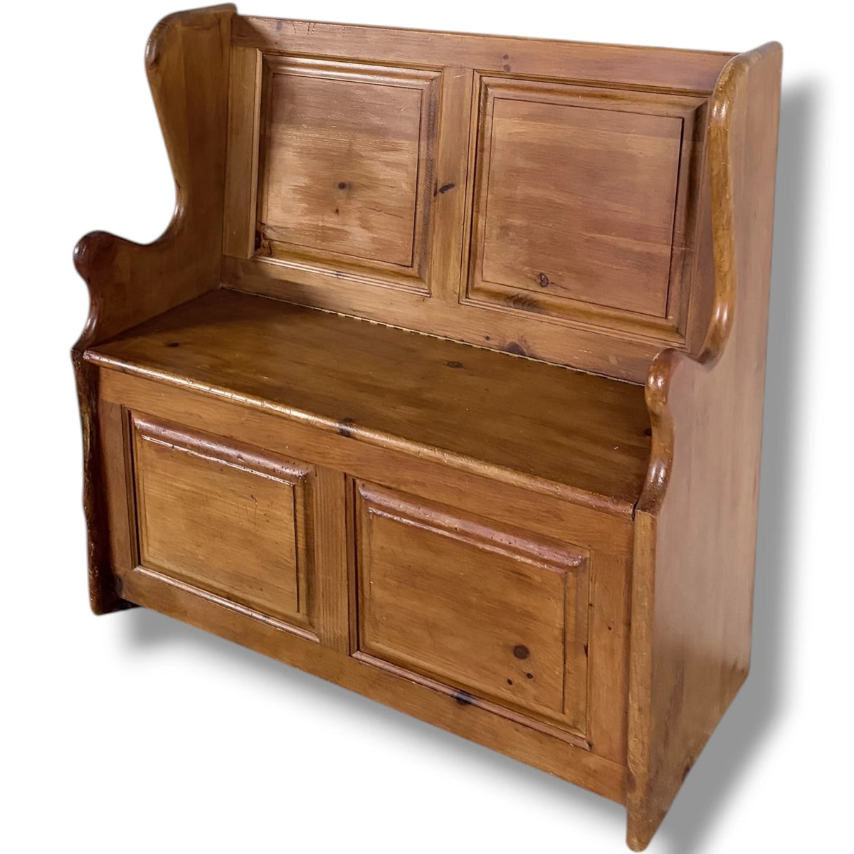 Antique Pine Monks Bench – Rustic Church Pew Style Hallway Storage Seat