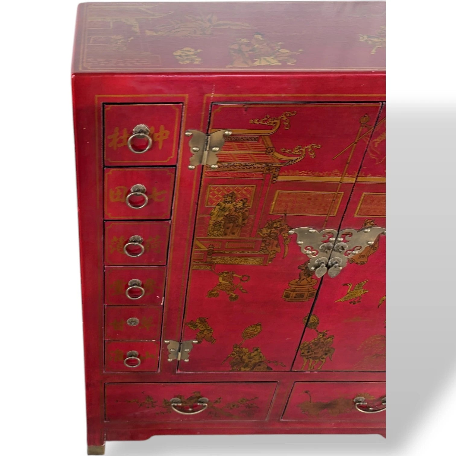 Antique Apothecary Cabinet – Red Lacquer Chinoiserie Storage Unit with Brass Hardware — view 6
