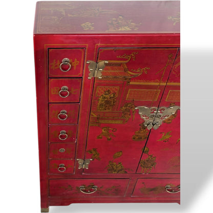 Antique Apothecary Cabinet – Red Lacquer Chinoiserie Storage Unit with Brass Hardware — view 6