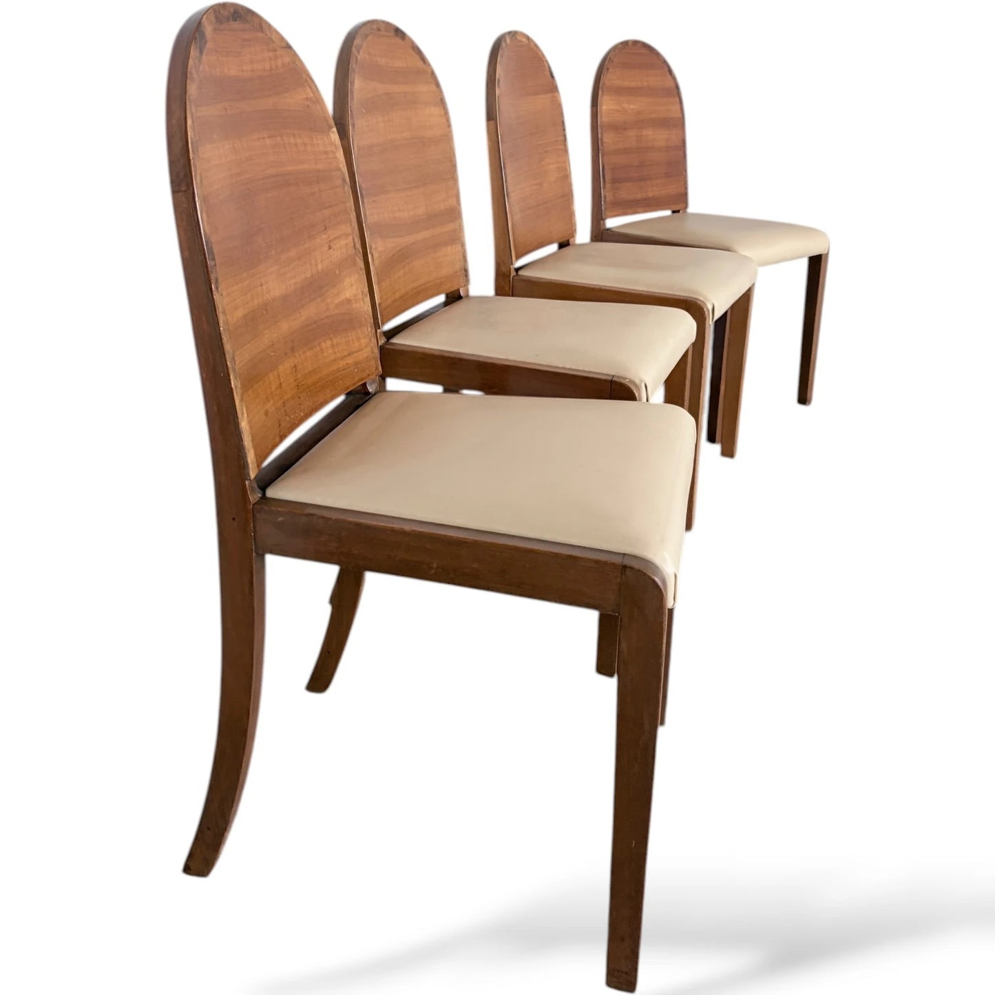 Art Deco Dining Chairs – Walnut Set of Four with Cream Upholstery, Vintage Style
