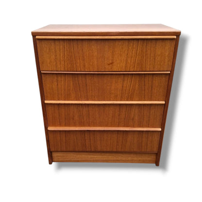 Mid-Century Teak Chest | Vintage Four Drawer Dresser With Solid Wood Handles