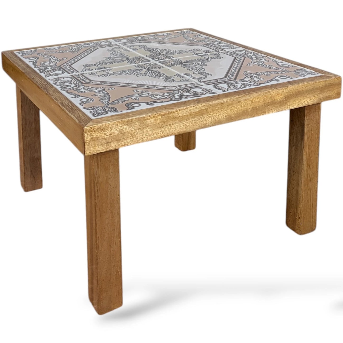 Tiger Oak Side Table – Mid Century Rustic End Table with French Tile