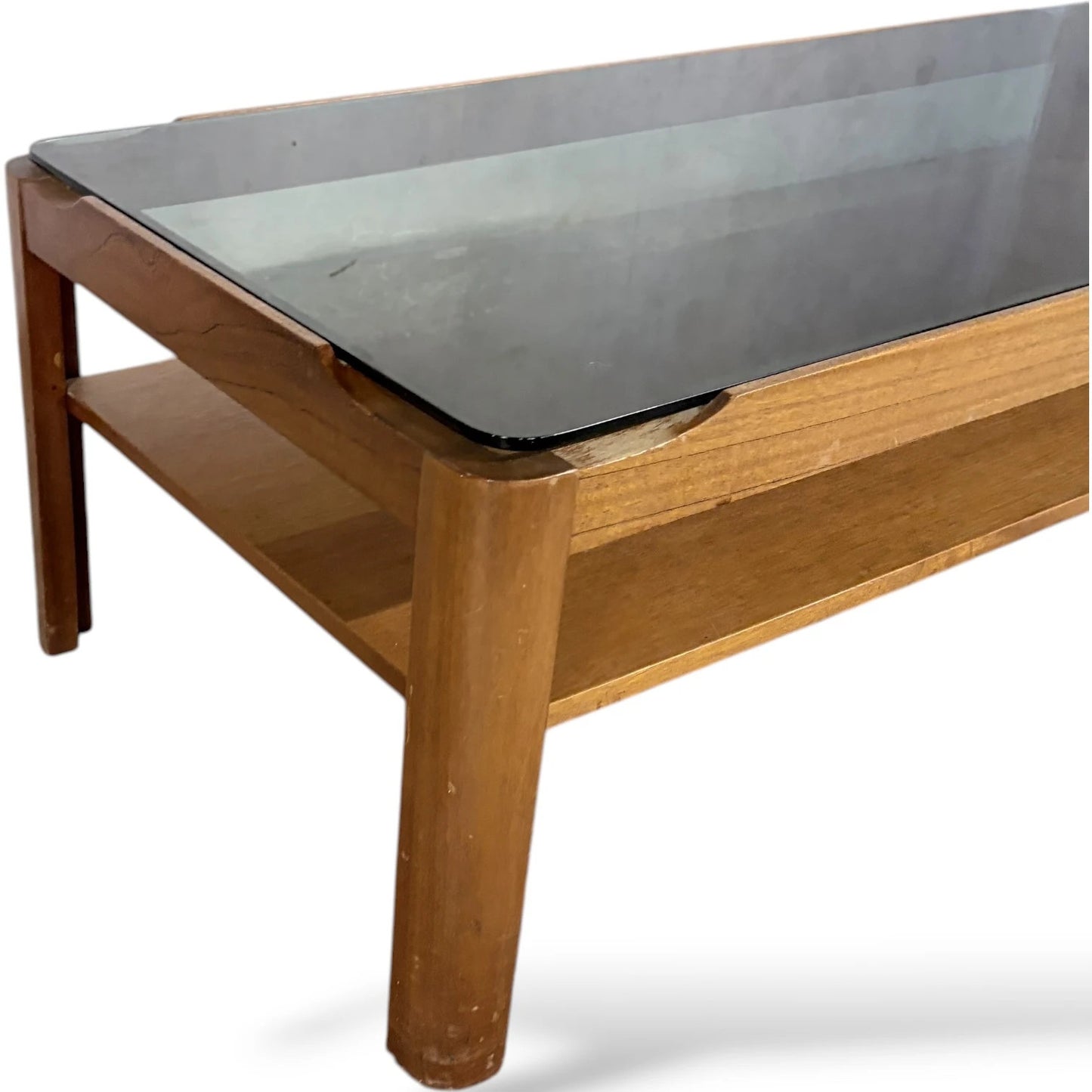 Vintage Teak Coffee Table - Mid Century Modern Smoked Glass Table With Shelf