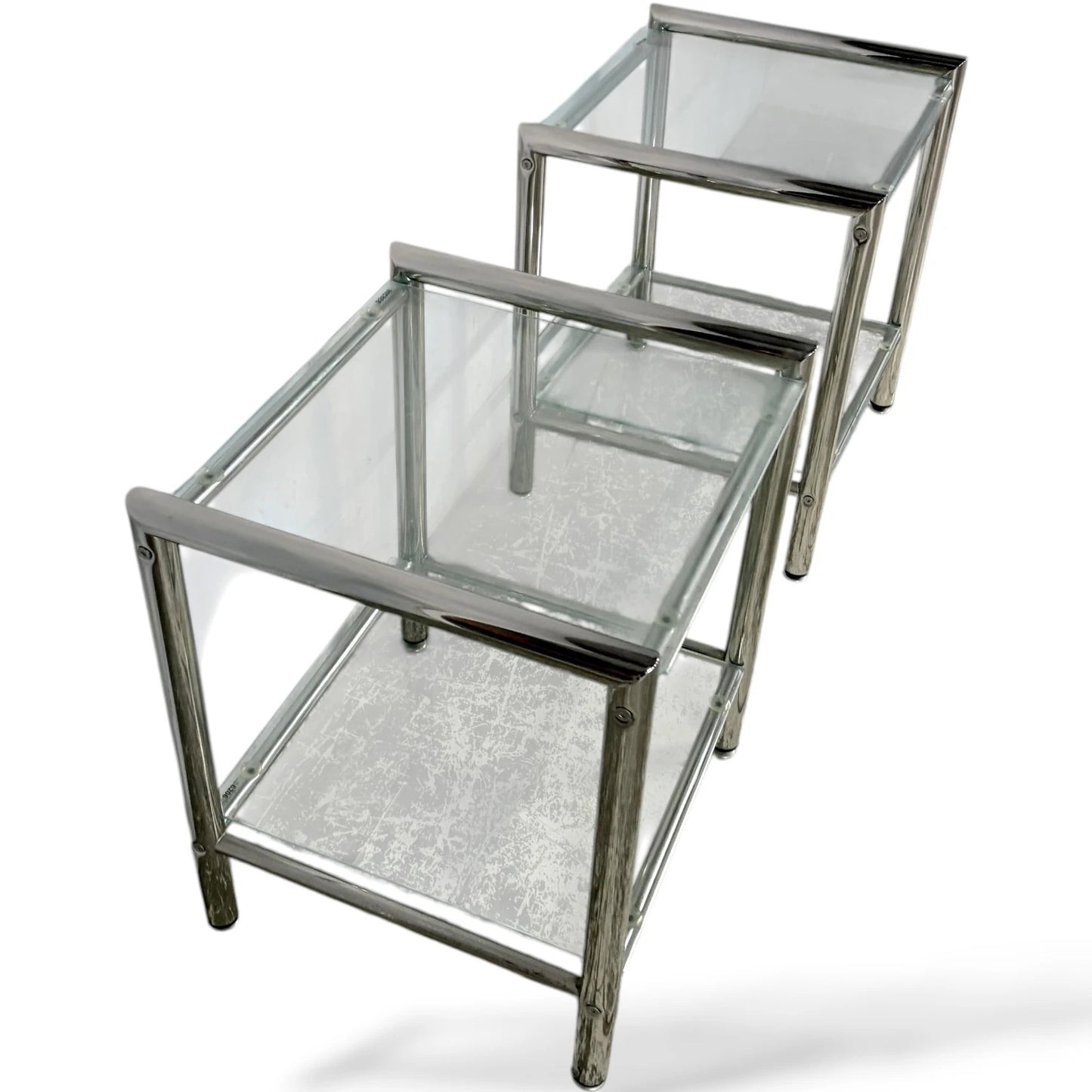 Chrome Glass Bedside Tables – Mid Century Modern Square Two Tier Nightstands