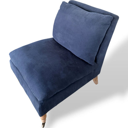 Upholstered Lounge Chairs – Pair of Navy Blue Classic Fabric Armchairs with Wooden Legs