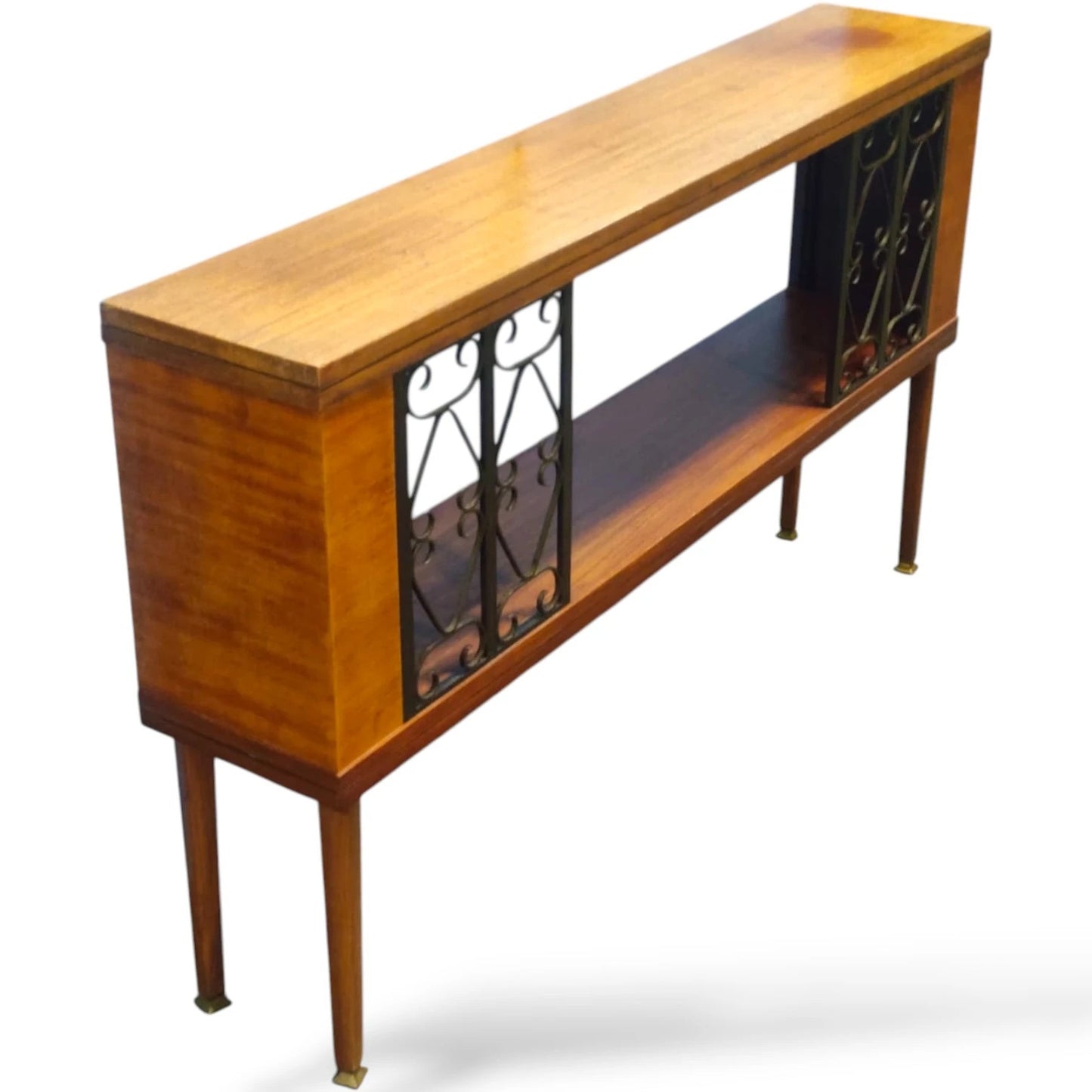 Mid-Century Modern Bookcase – Teak Wood With Iron Frame & Slender Tapered Legs
