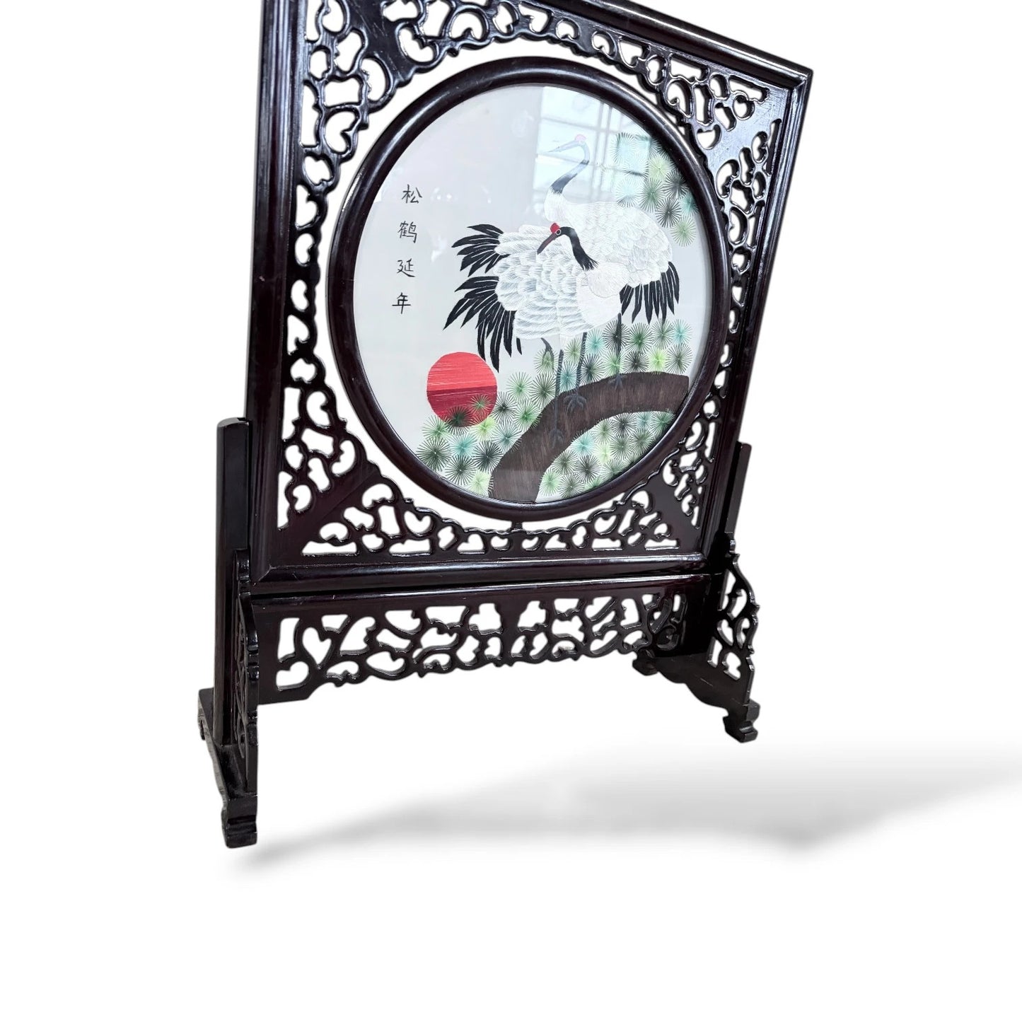 Japanese Embroidered Silk Panel – Red-Crowned Cranes in Rotating Wooden Frame