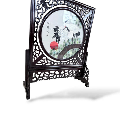 Japanese Embroidered Silk Panel – Red-Crowned Cranes in Rotating Wooden Frame