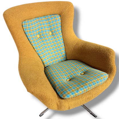 Mid-Century Swivel Chair - Mustard Fabric Lounge With Patterned Cushions & Chrome Base — view 6