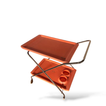 Vintage 1970s Italian Orange & Chrome Drinks Trolley