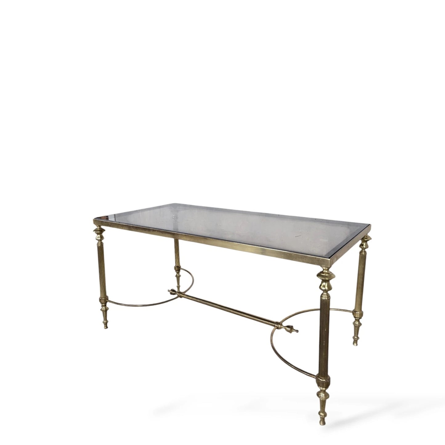Vintage Brass and Smoked Glass Coffee Table – Hollywood Regency Rectangular Table Mid-Century