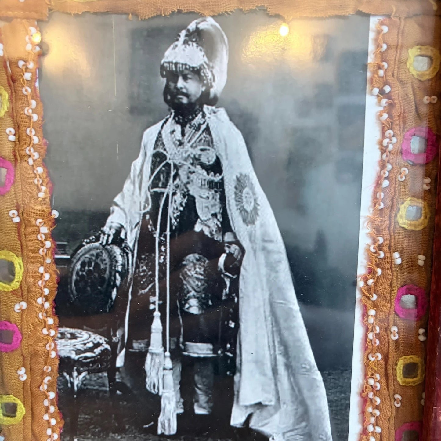 Framed Mughal Portrait with Embroidered Textile Mount – Vintage Artwork