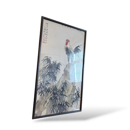 Framed Oriental Rooster Painting – Vintage Ink Wash Art on Silk