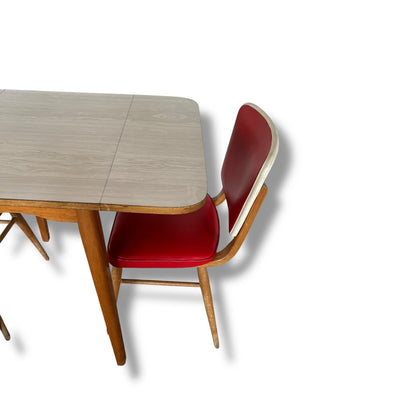 Mid Century Modern Taupe Formica Drop Leaf Table & Red Vinyl Chairs Dining Set