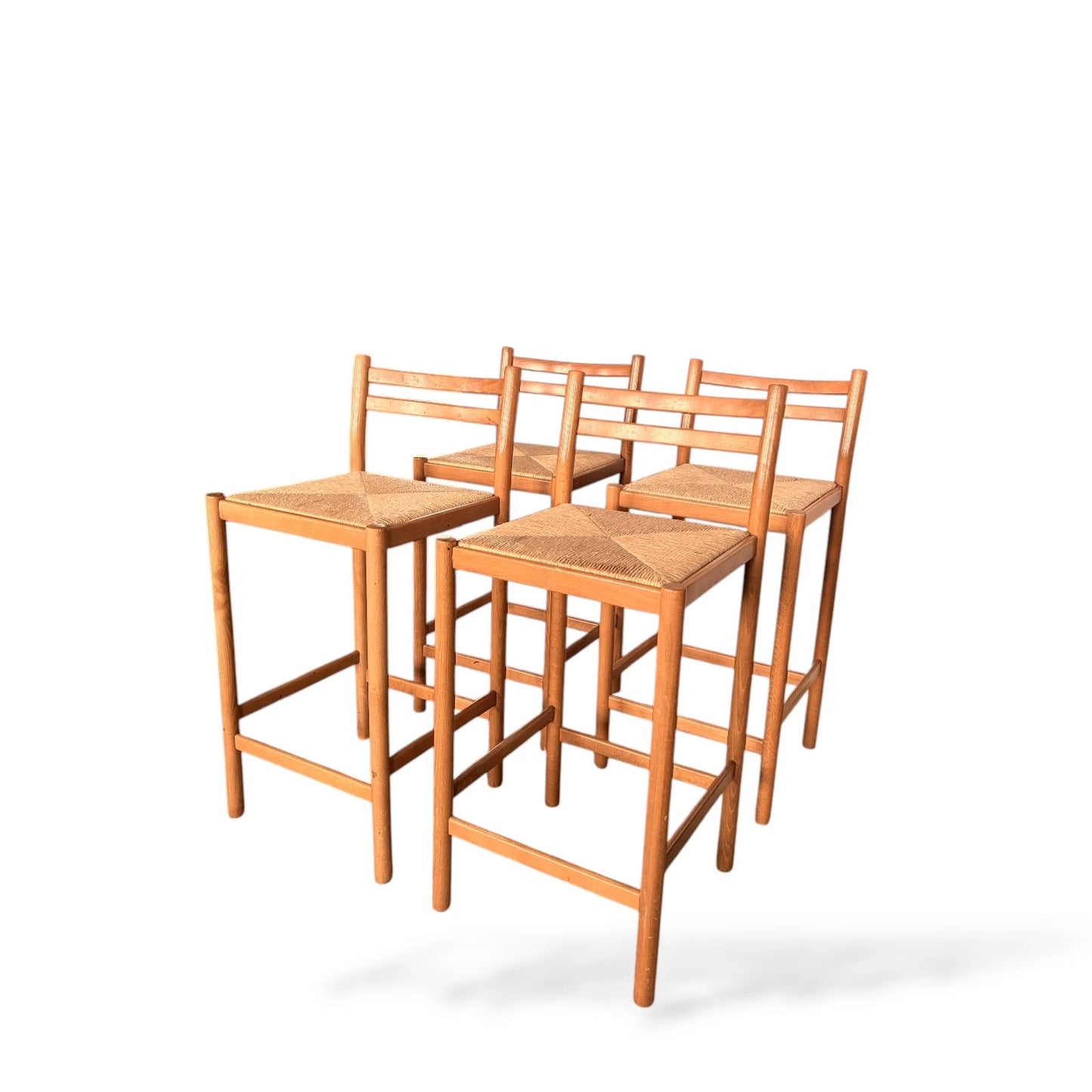 Set of 4 Mid-Century Beech & Rush Bar Stools – 1970s Habitat / Magistretti Style