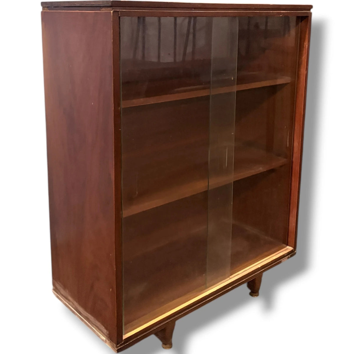Mid Century Bookcase - Walnut Veneer Glazed Bookshelf With Sliding Doors