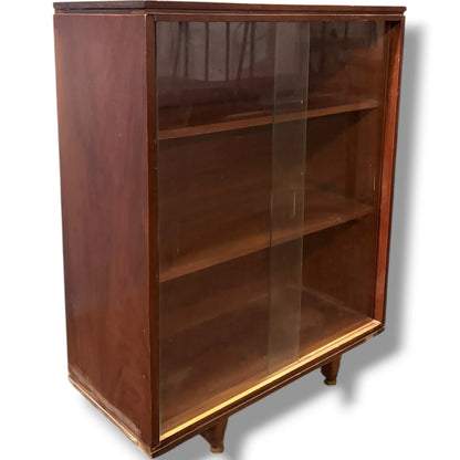Mid Century Bookcase - Walnut Veneer Glazed Bookshelf With Sliding Doors
