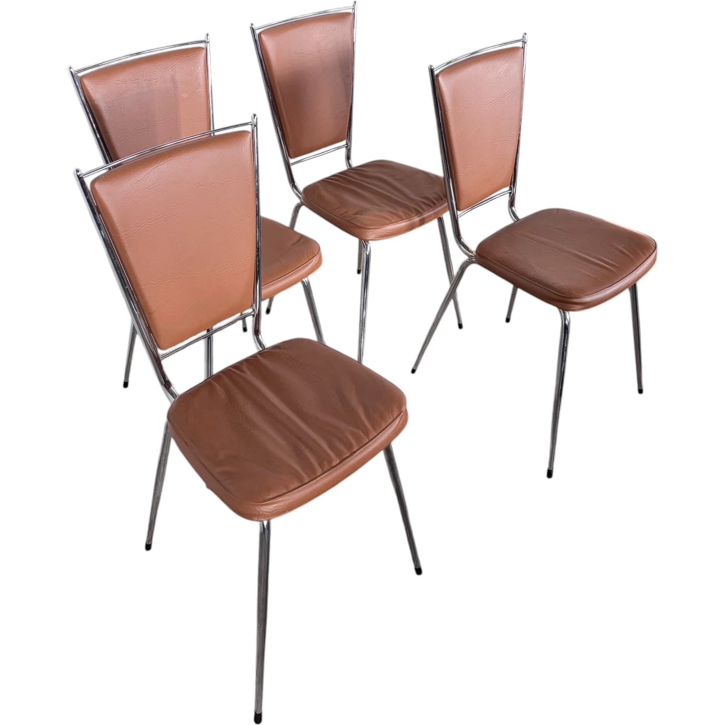 Chrome Dining Chairs - Set of Four Vintage 1970s French Leatherette Upholstery