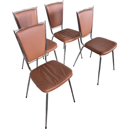 Chrome Dining Chairs - Set of Four Vintage 1970s French Leatherette Upholstery