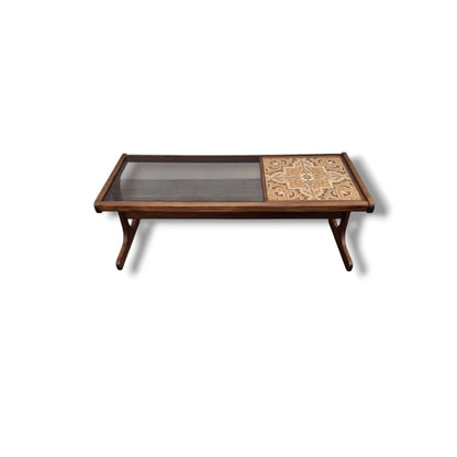 G Plan Coffee Table – Mid Century Teak Table with Smoked Glass Top & Patterned Tiles
