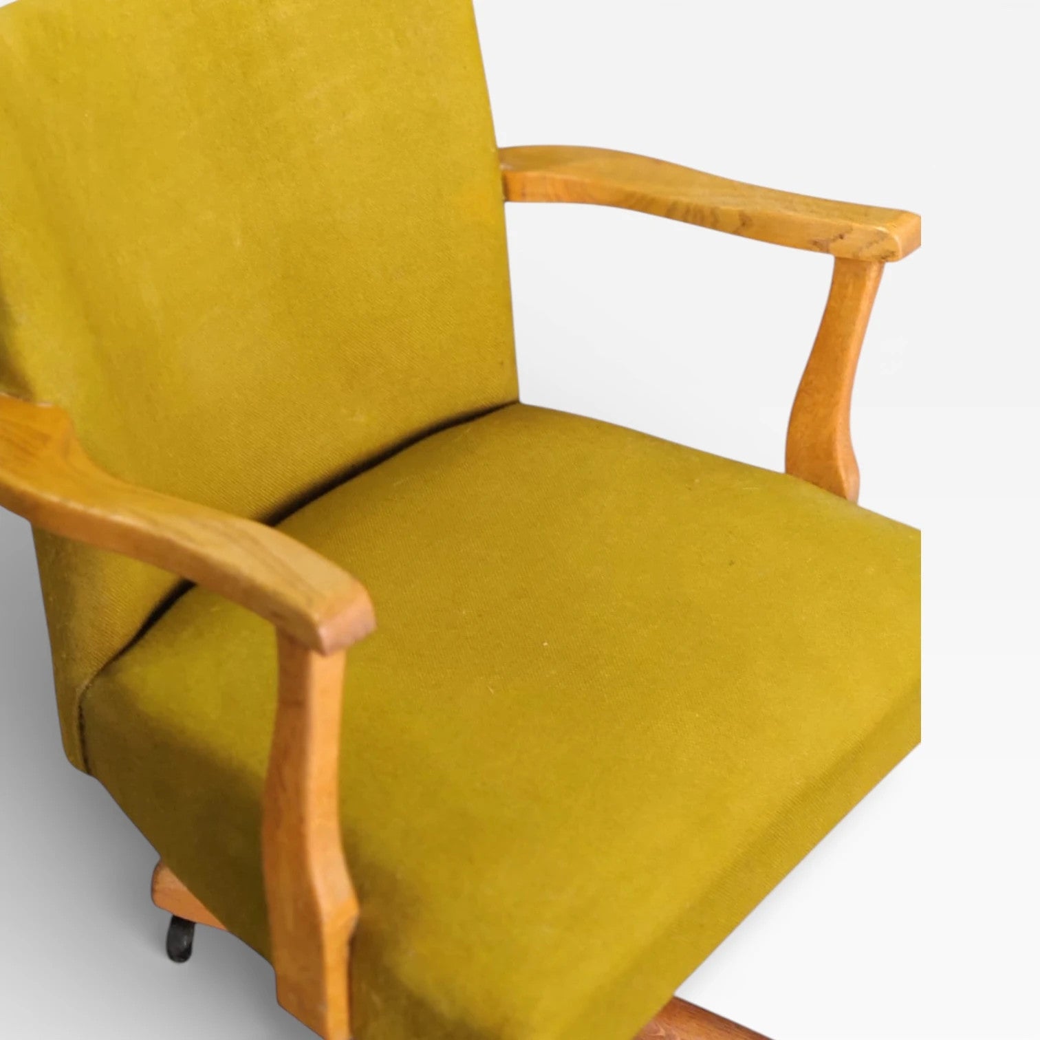Vintage Swivel Desk Chair - Solid Oak Frame, Mustard Yellow Upholstery, Compact Design — view 6