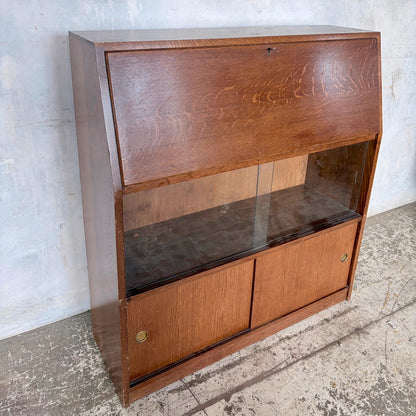 Mid Century Tiger Oak Bureau Bookcase Display Cabinet