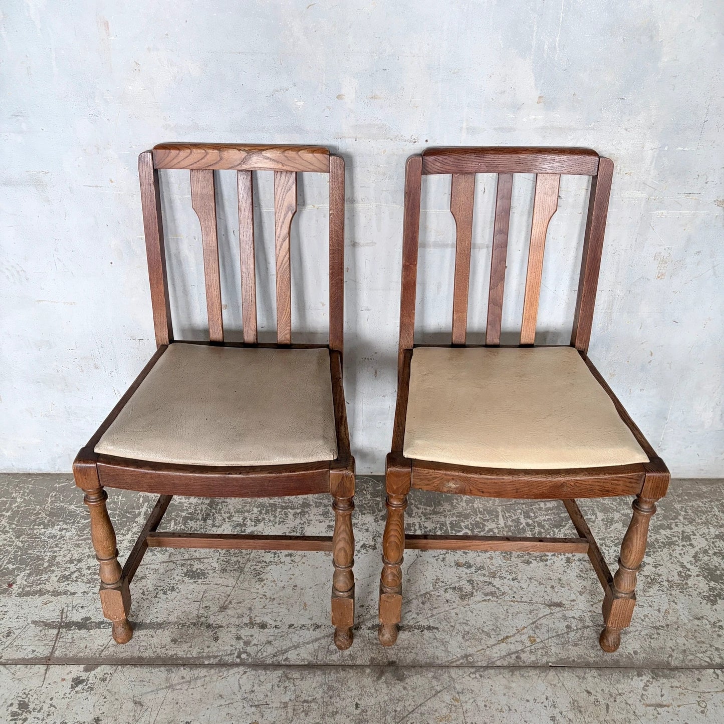 Pair of 1950s Solid Oak Dining Chairs with Turned Legs