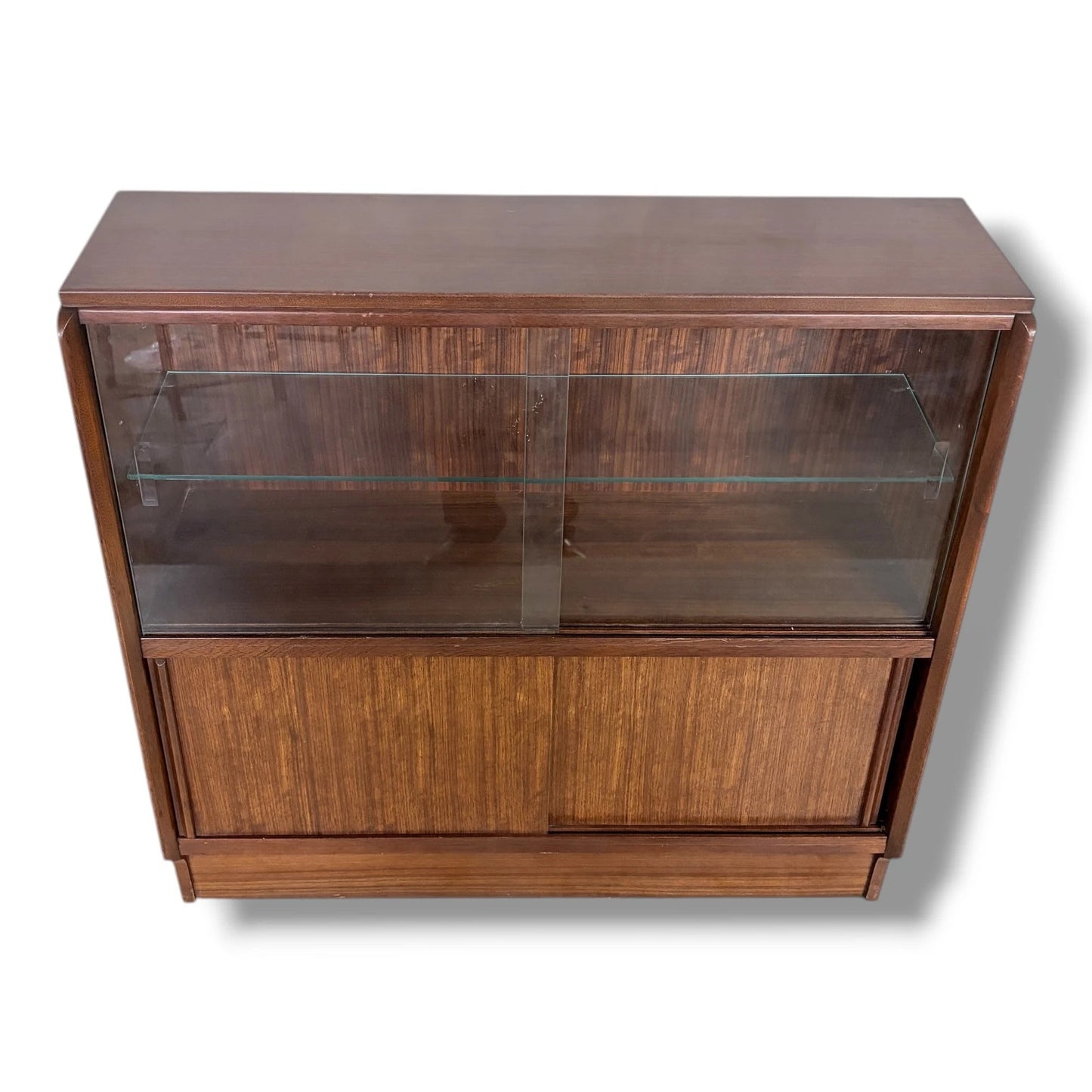 Vintage Sliding Door Bookcase | Mid Century Wooden Display Cabinet With Adjustable Glass Shelves