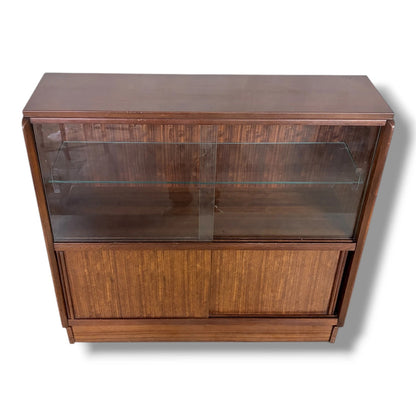 Vintage Sliding Door Bookcase | Mid Century Wooden Display Cabinet With Adjustable Glass Shelves