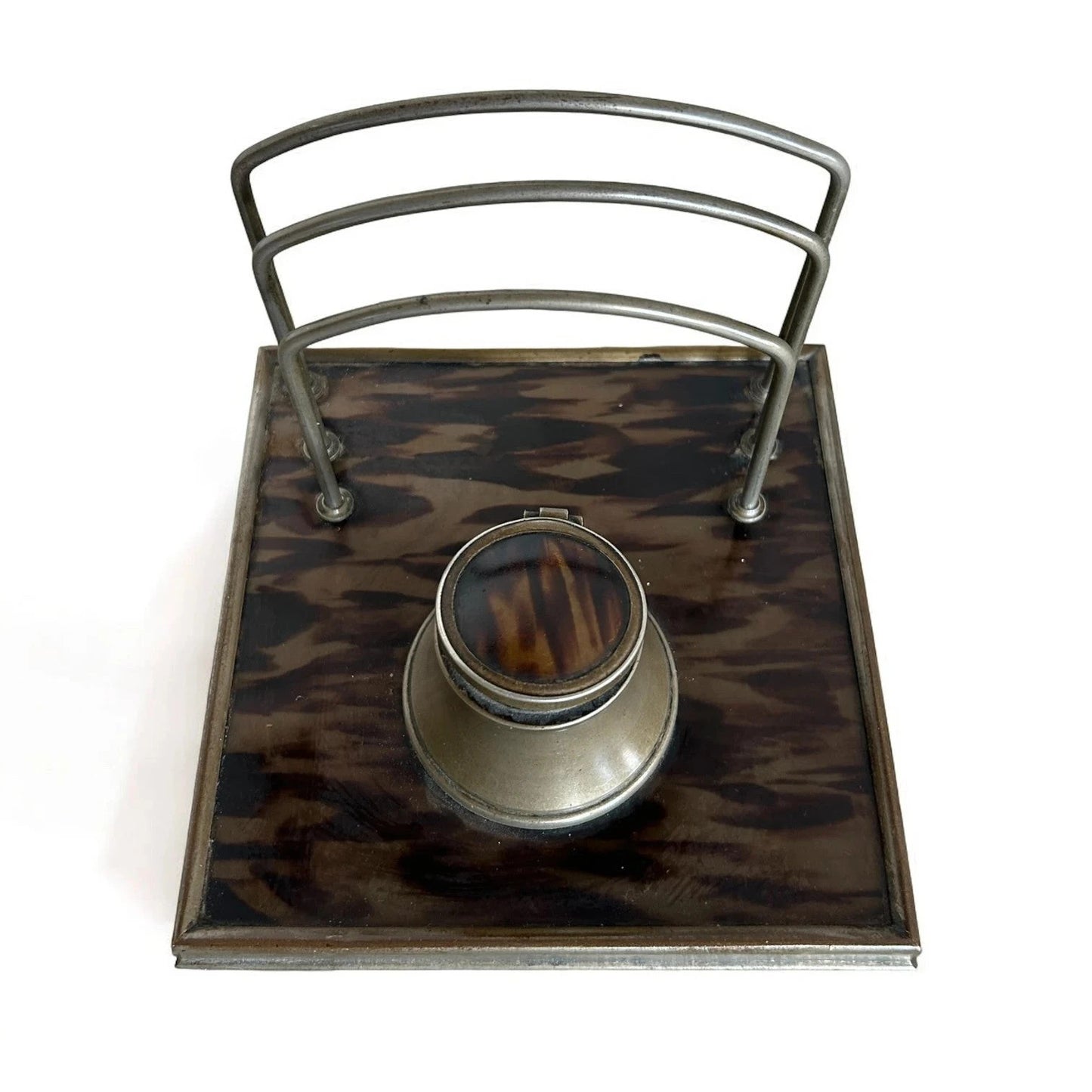 Tortoiseshell Ink Well | 19th Century Antique Desk Organiser with Aged Metal Detailing