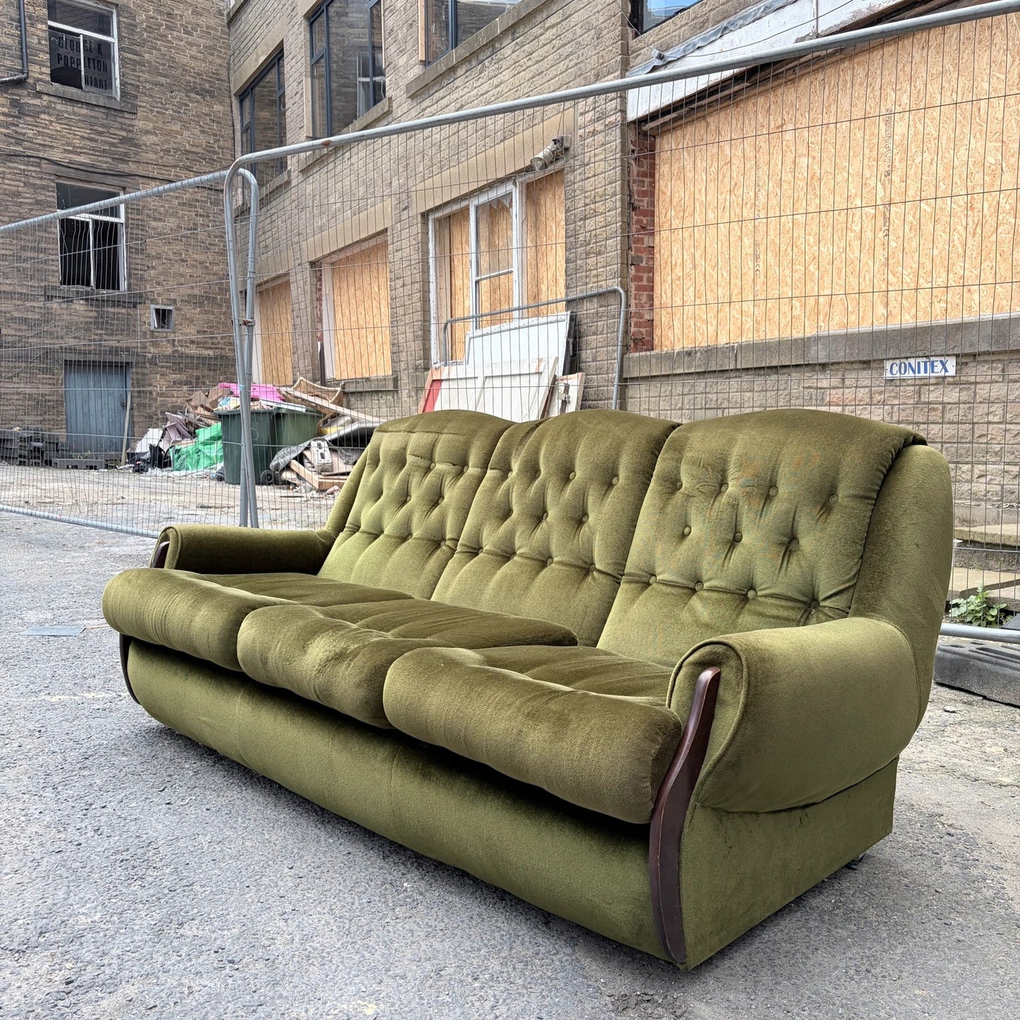 Mid Century Green Velvet and Wood Three Seater Sofa