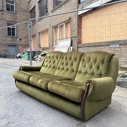 Mid Century Green Velvet and Wood Three Seater Sofa