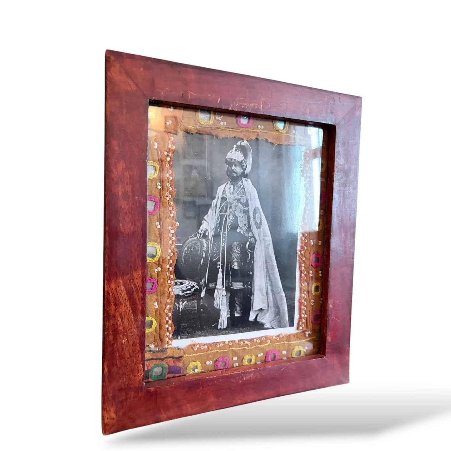 Framed Mughal Portrait with Embroidered Textile Mount – Vintage Artwork