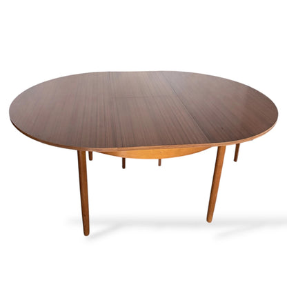 Mid-Century Nathan Teak Dining Table & 4 Chairs | Extendable Round to Oval Table
