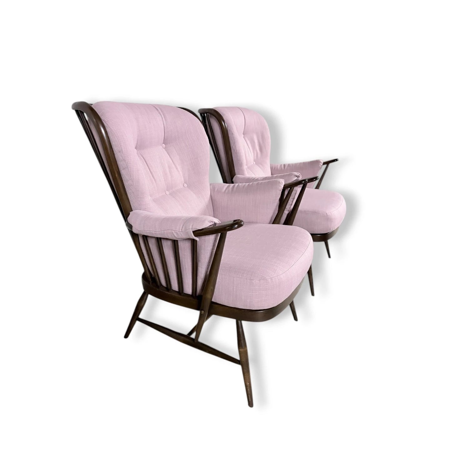 Ercol Everest Armchairs – Mid-Century Dark Beech Chairs with Dusty Pink Upholstery — view 7