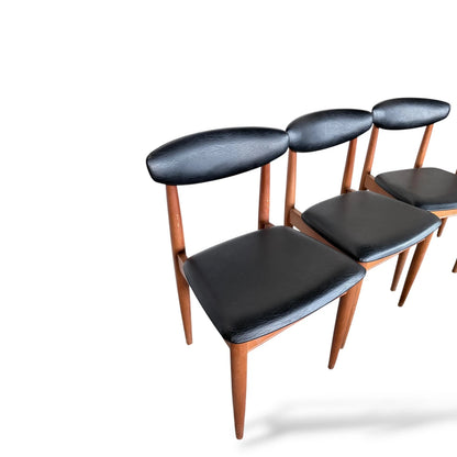 Set of 4 Schreiber Mid-Century Modern Dining Chairs – Teak & Black Vinyl
