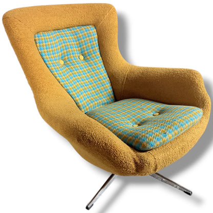 Mid-Century Swivel Chair - Mustard Fabric Lounge With Patterned Cushions & Chrome Base — view 7
